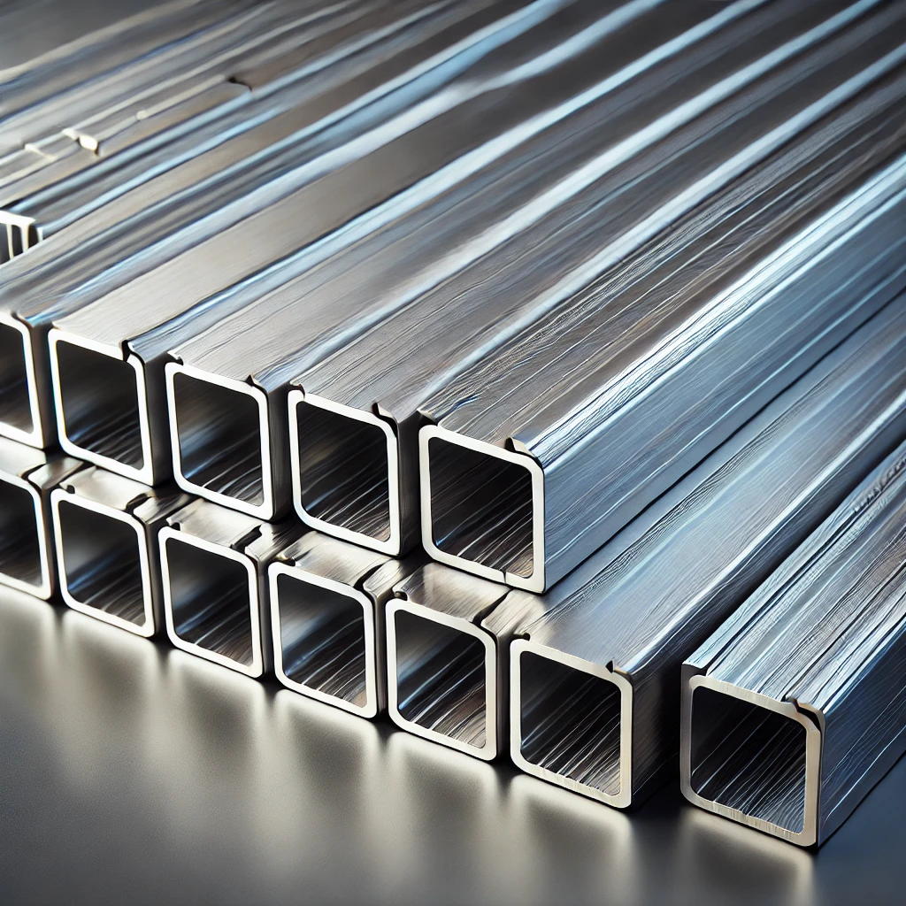 DALL·E 2024-08-16 13.53.46 – A highly detailed and professional 3D-rendered image of stainless steel square profiles, showcasing the polished and reflective surfaces. The profiles