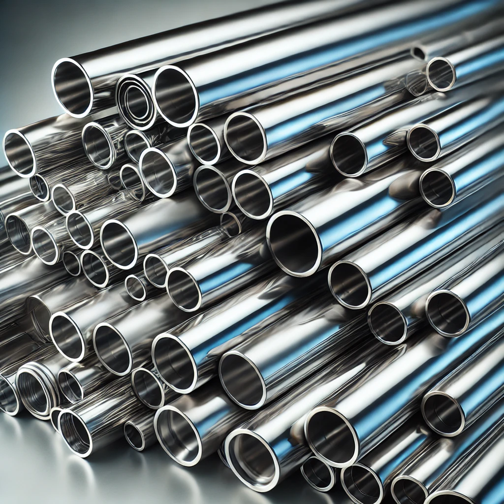 DALL·E 2024-08-16 14.02.08 – A highly detailed and professional 3D-rendered image of stainless steel pipes, featuring their smooth and reflective surfaces. The pipes are arranged