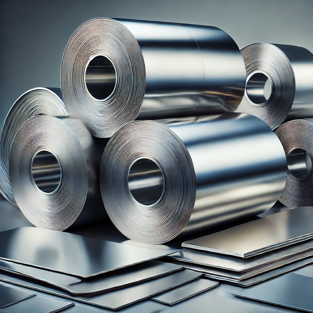 DALL·E 2024-09-04 10.19.58 – An image featuring multiple rolls of shiny stainless steel sheets stacked in a clean, organized manner, similar to the example provided. The sheets sh