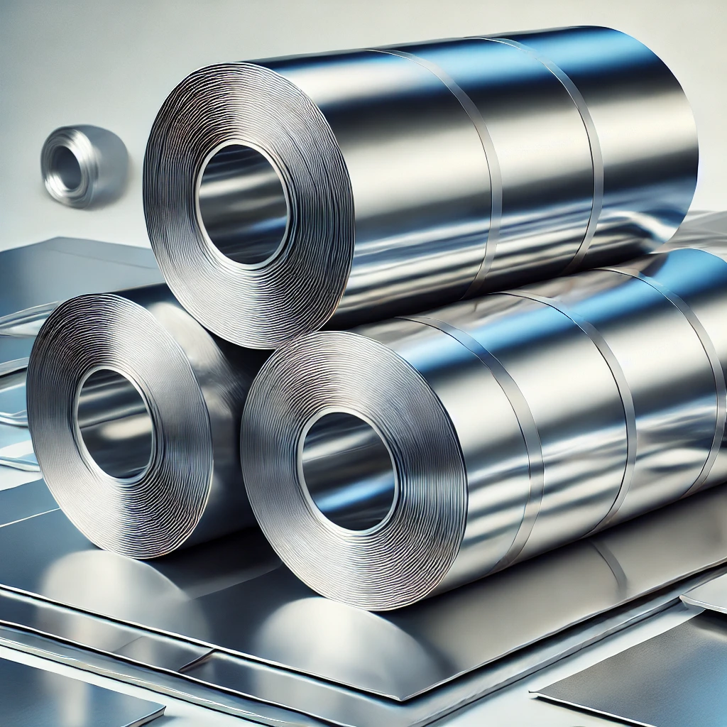 DALL·E 2024-09-04 16.35.03 – An image featuring multiple rolls of shiny stainless steel sheets stacked in a clean, organized manner. The sheets have a reflective, polished surface